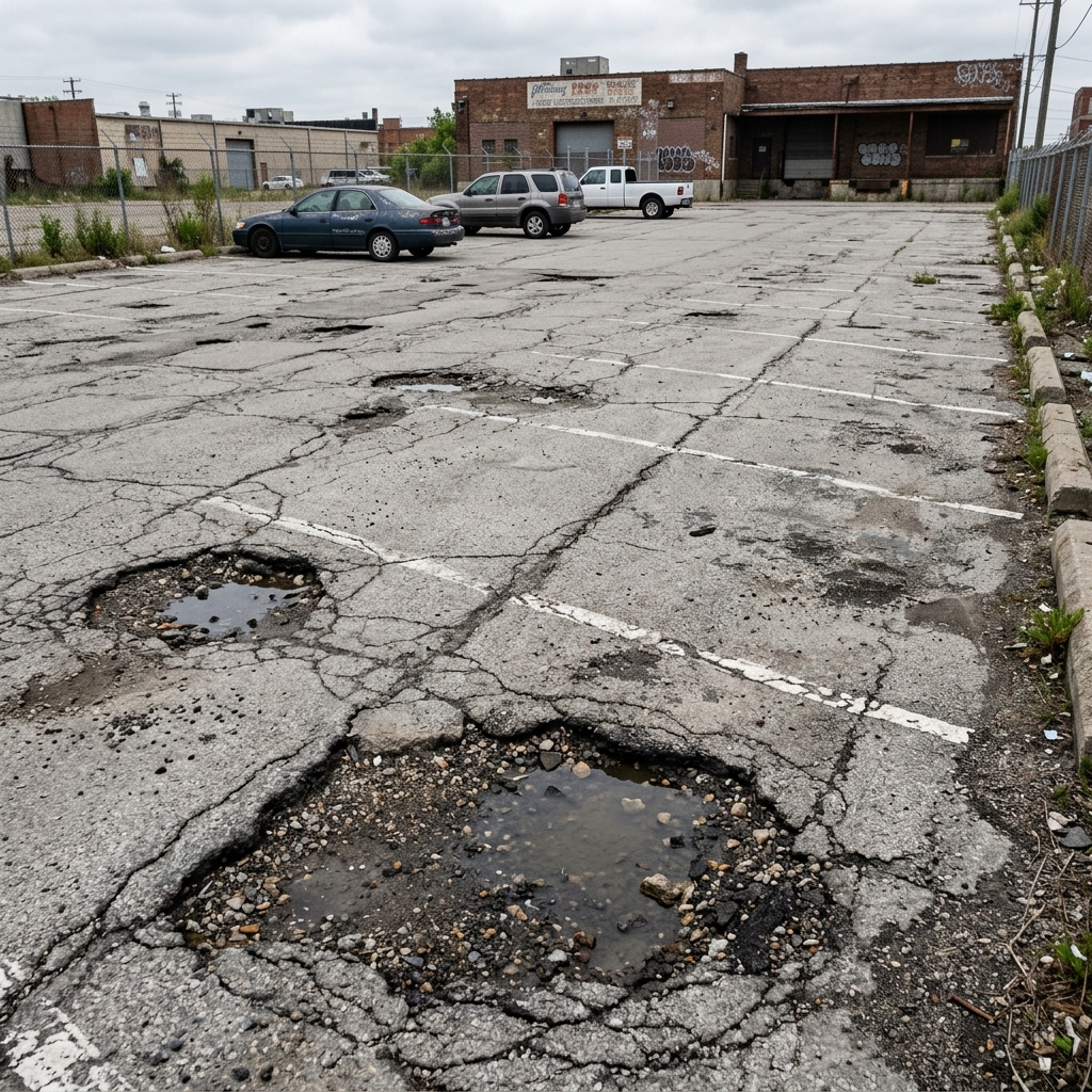 Damaged asphalt in Boca Raton before repair